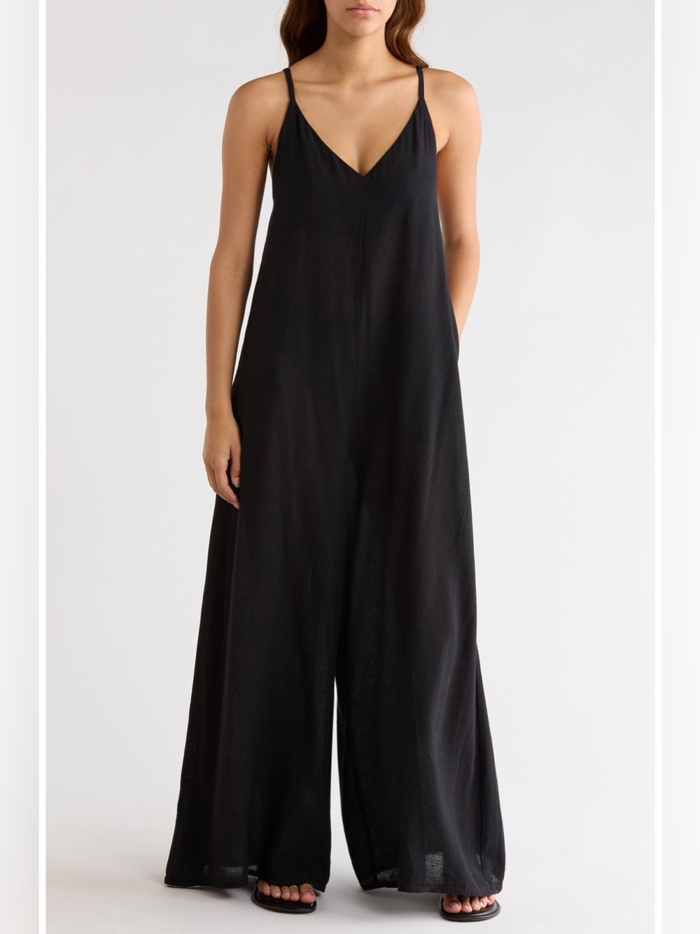 Elan Wide Leg Cotton Linen Blend Cover-Up Jumpsuit Black Medium NWT - Picture 3 of 8